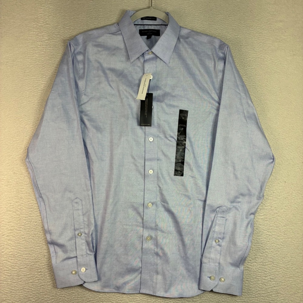 Banana Republic Untucked Dress Shirt Men M Blue Slim Non-Iron Button Preppy NWT - Picture 2 of 8